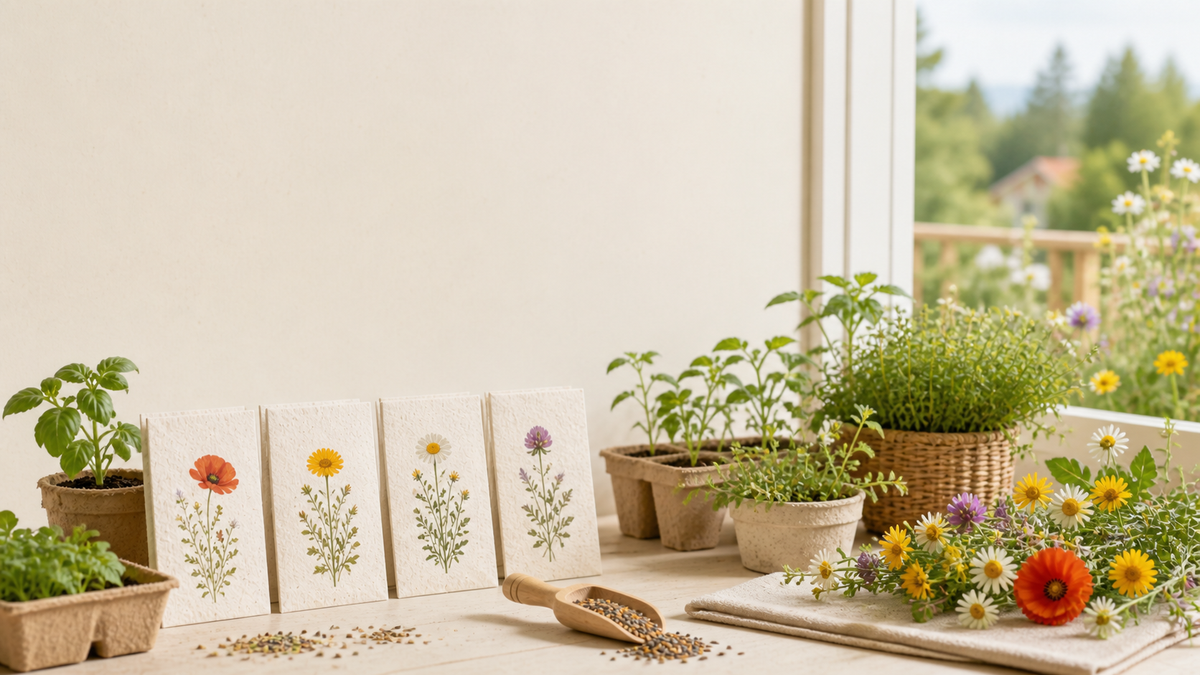 Frøposer, urter og blomster ved et lyst vindu
