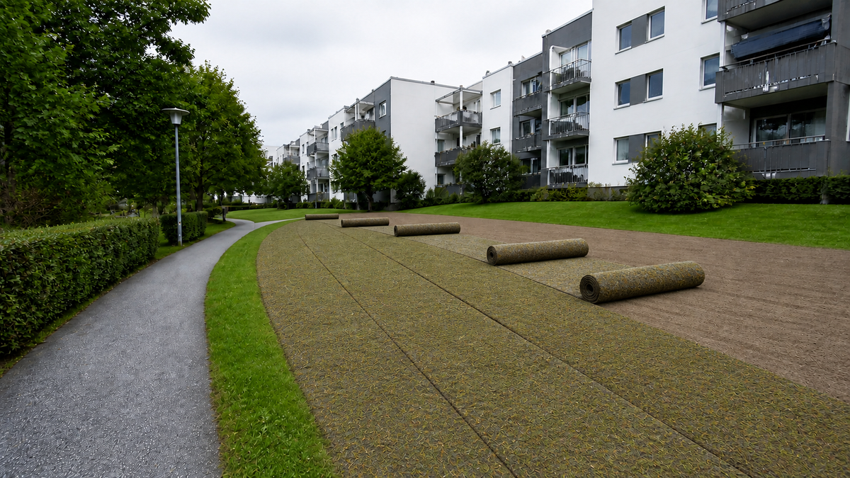 Blomsterengmatter rulles ut ved siden av hverandre på klargjort jord